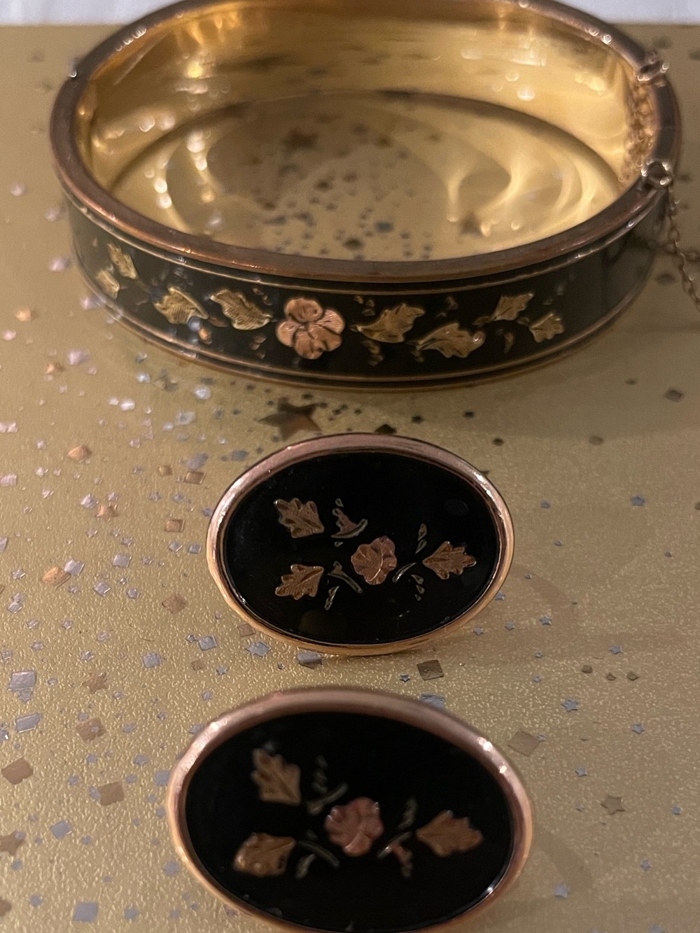 Black and Gold Floral Damascan Vintage Binder Brothers Bracelet and Earring Set